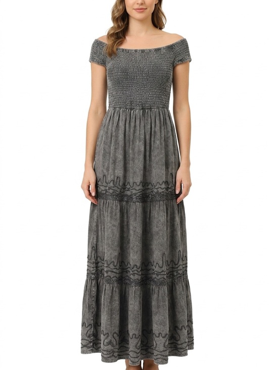 Kiwi + Punch Dresses & Skirts - Boho-chic Off-Shoulder Grey Smocked Maxi Dress